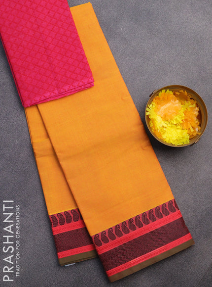 Chettinad cotton saree mango yellow and pink with plain body and thread woven border & woven blouse