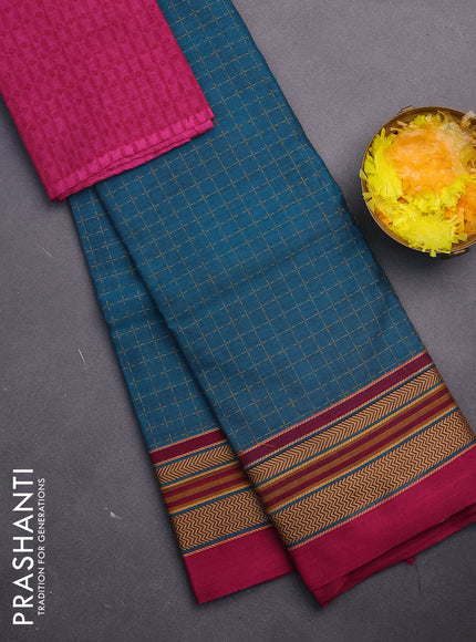 Chettinad cotton saree peacock green and magenta pink with allover thread weaves and thread woven simple border & woven blouse