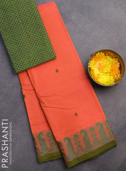 Chettinad cotton saree peach orange and green shade with thread woven buttas and thread woven border & woven blouse