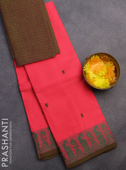 Chettinad cotton saree candy pink and green shade with thread woven buttas and thread woven border & woven blouse