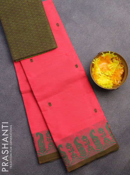 Chettinad cotton saree candy pink and green shade with thread woven buttas and thread woven border & woven blouse