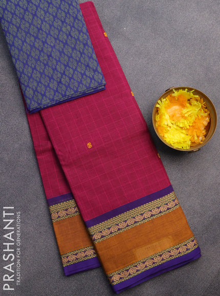 Chettinad cotton saree magenta pink and blue with thread woven buttas and rettapet thread woven border & woven blouse