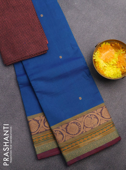 Chettinad cotton saree cs blue and maroon shade with thread woven buttas and thread woven border & woven blouse