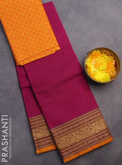 Chettinad cotton saree purple and mustard shade with plain body and thread woven border & woven blouse