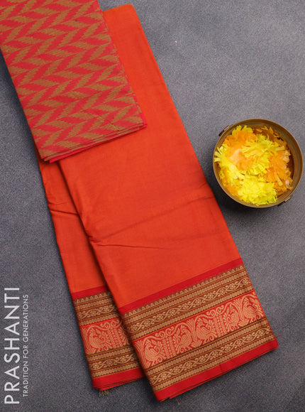 Chettinad cotton saree orange and red with plain body and thread woven border & woven blouse