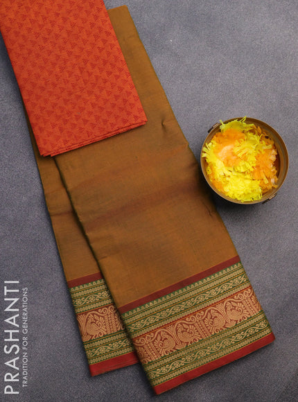 Chettinad cotton saree mustard shade and maroon with plain body and thread woven border & woven blouse