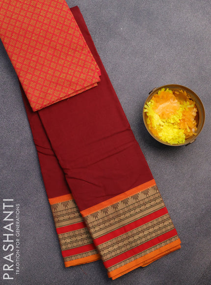 Chettinad cotton saree maroon and red with plain body and thread woven border & woven blouse