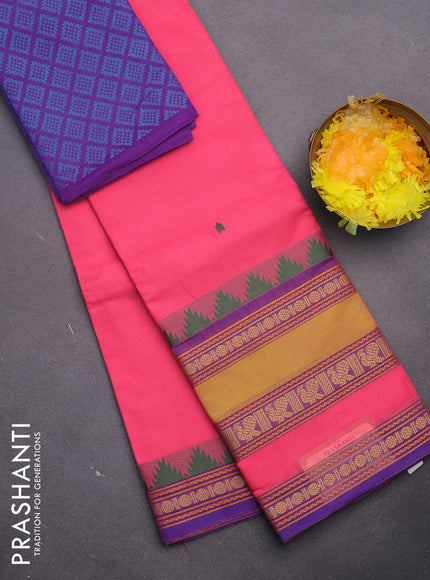 Chettinad cotton saree pink and blue with thread woven buttas and long thread woven border & woven blouse