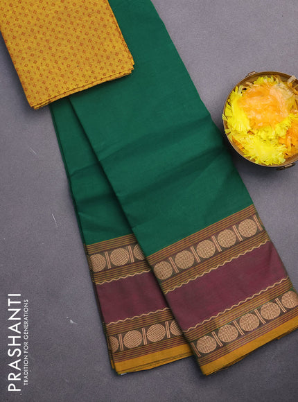 Chettinad cotton saree green and mustard shade with plain body and rettapet thread woven border & woven blouse