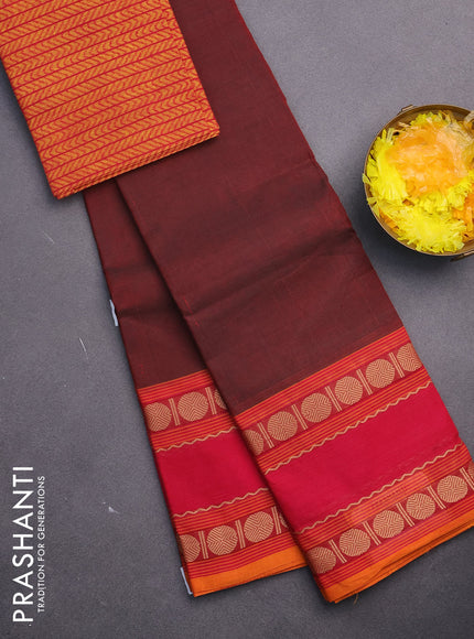 Chettinad cotton saree maroon shade and yellow pink with plain body and rettapet thread woven border & woven blouse