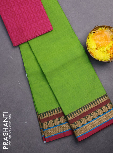 Chettinad cotton saree light green and magenta pink with plain body and thread woven border & woven blouse