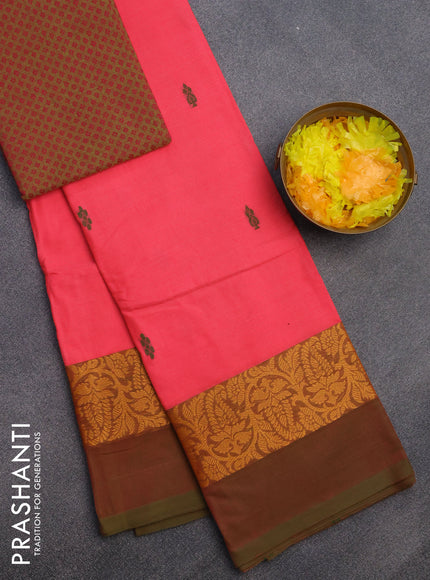 Chettinad cotton saree candy pink and dual shade of green with thread woven buttas and thread woven simple border & woven blouse