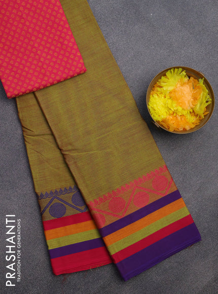 Chettinad cotton saree light green and pink with plain body and thread woven border & woven blouse