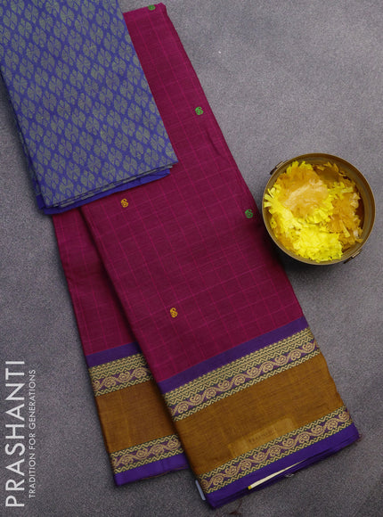 Chettinad cotton saree magenta pink and blue with thread woven buttas and rettapet thread woven border & woven blouse