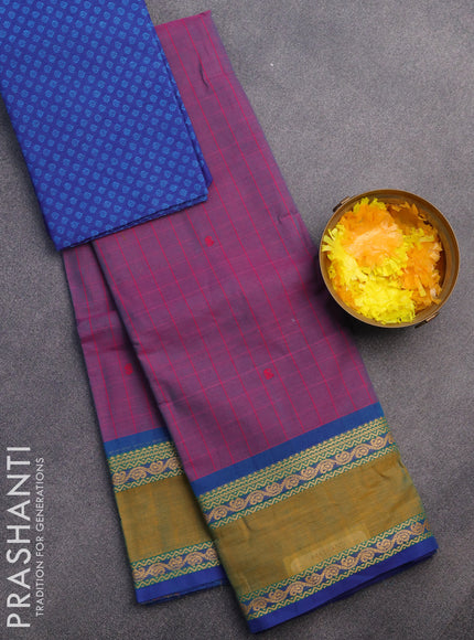 Chettinad cotton saree magenta pink shade and blue with thread woven buttas and rettapet thread woven border & woven blouse