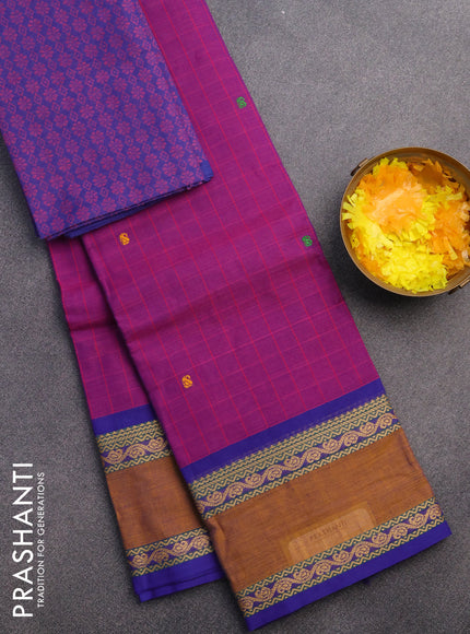 Chettinad cotton saree purple and blue with thread woven buttas and rettapet thread woven border & woven blouse