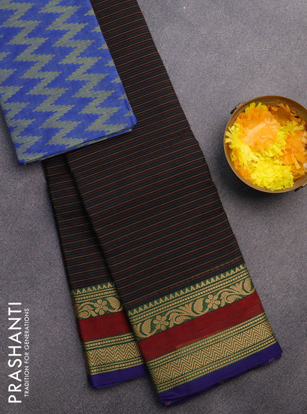 Chettinad cotton saree black and blue with allover stripes pattern and thread woven border & woven blouse