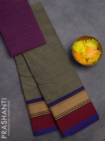 Chettinad cotton saree greyish green and magenta pink blue with allover stripes pattern and thread woven border & woven blouse