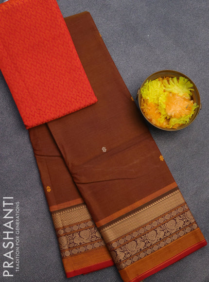 Chettinad cotton saree dark mustard and red with thread woven buttas and thread woven border & woven blouse