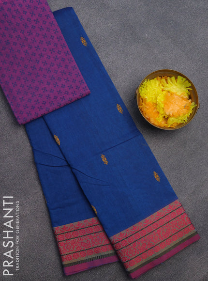 Chettinad cotton saree cs blue and magenta pink with thread woven buttas and thread woven border & woven blouse