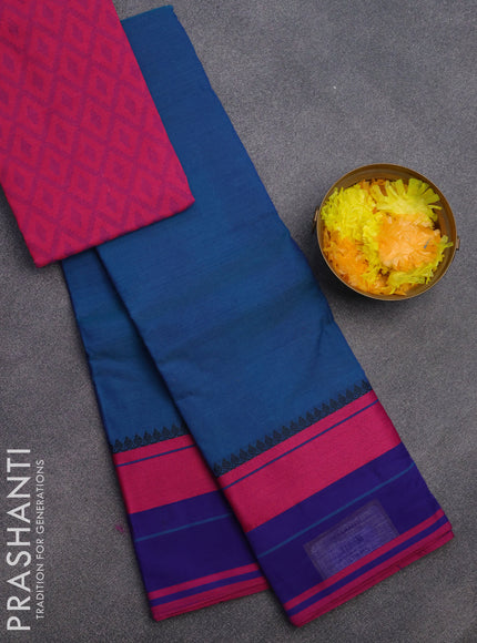 Chettinad cotton saree dual shade of bluish green and pink with plain body and thread woven border & woven blouse