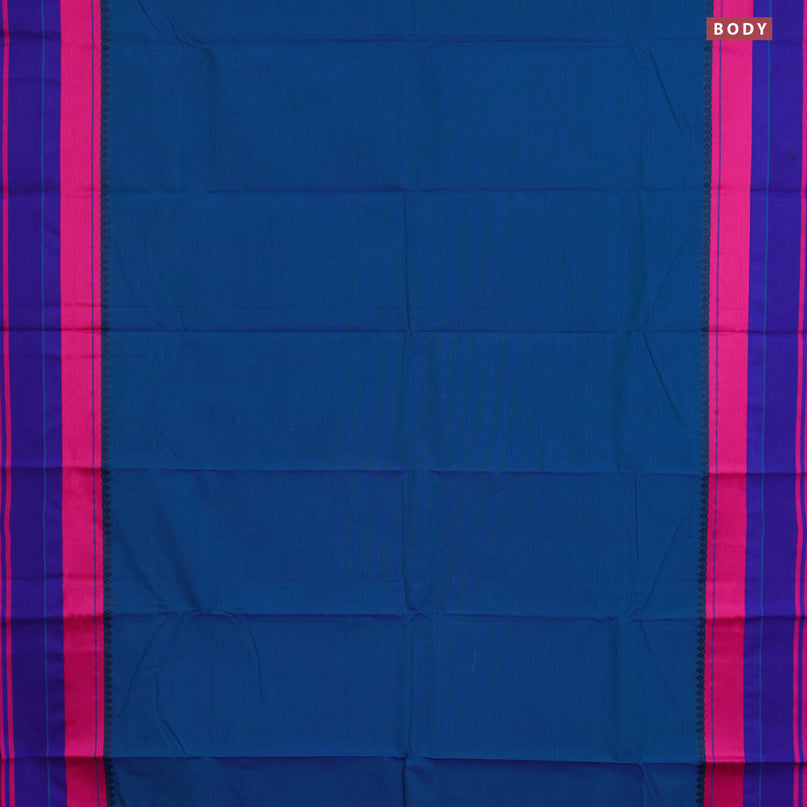 Chettinad cotton saree dual shade of bluish green and pink with plain body and thread woven border & woven blouse