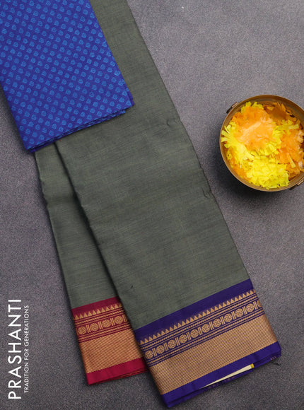 Chettinad cotton saree greyish green and blue with plain body and ganga jamuna border & woven blouse