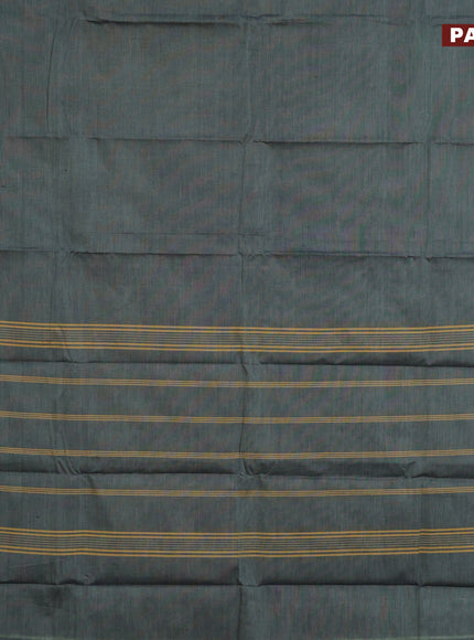 Chettinad cotton saree greyish green and blue with plain body and ganga jamuna border & woven blouse