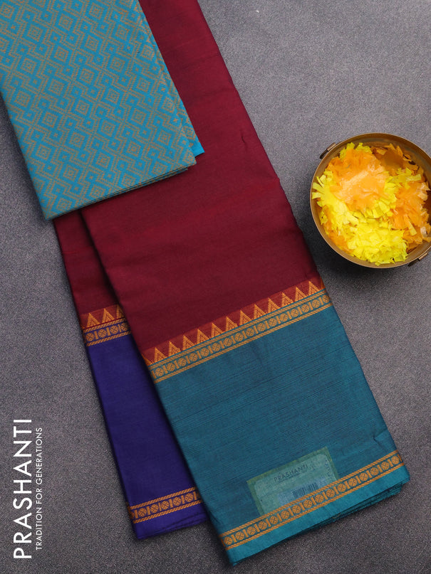 Chettinad cotton saree maroon with plain body and ganga jamuna border & woven blouse