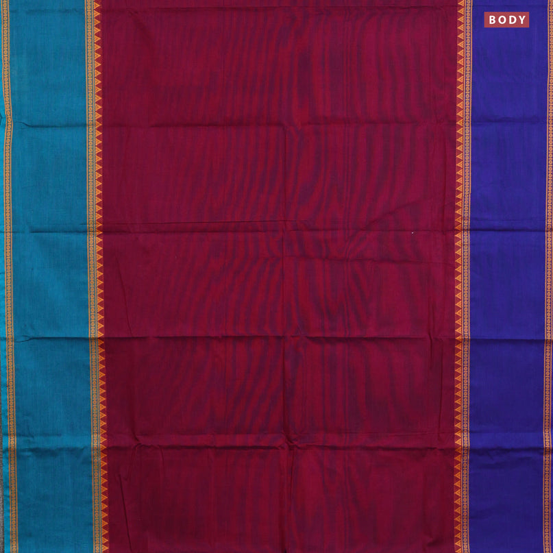 Chettinad cotton saree maroon with plain body and ganga jamuna border & woven blouse