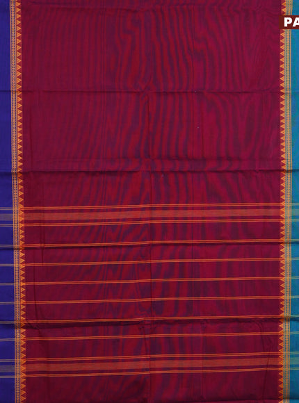 Chettinad cotton saree maroon with plain body and ganga jamuna border & woven blouse