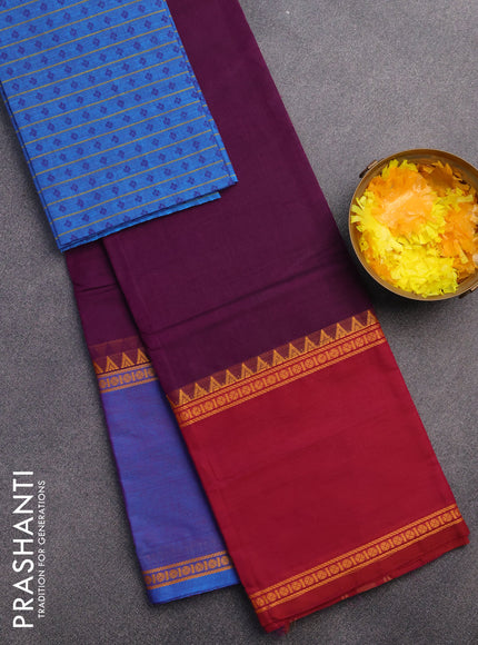 Chettinad cotton saree deep purple with plain body and ganga jamuna border & woven blouse