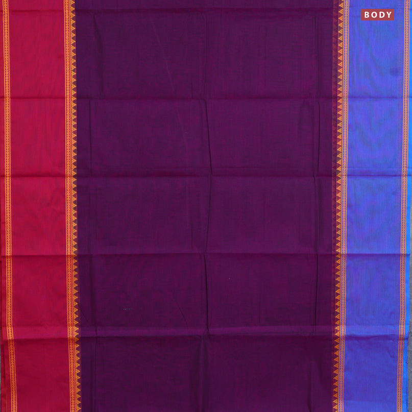 Chettinad cotton saree deep purple with plain body and ganga jamuna border & woven blouse