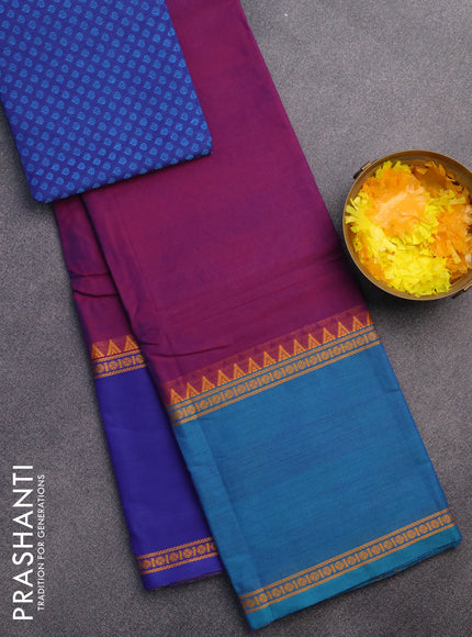 Chettinad cotton saree magenta pink with plain body and ganga jamuna border & woven blouse