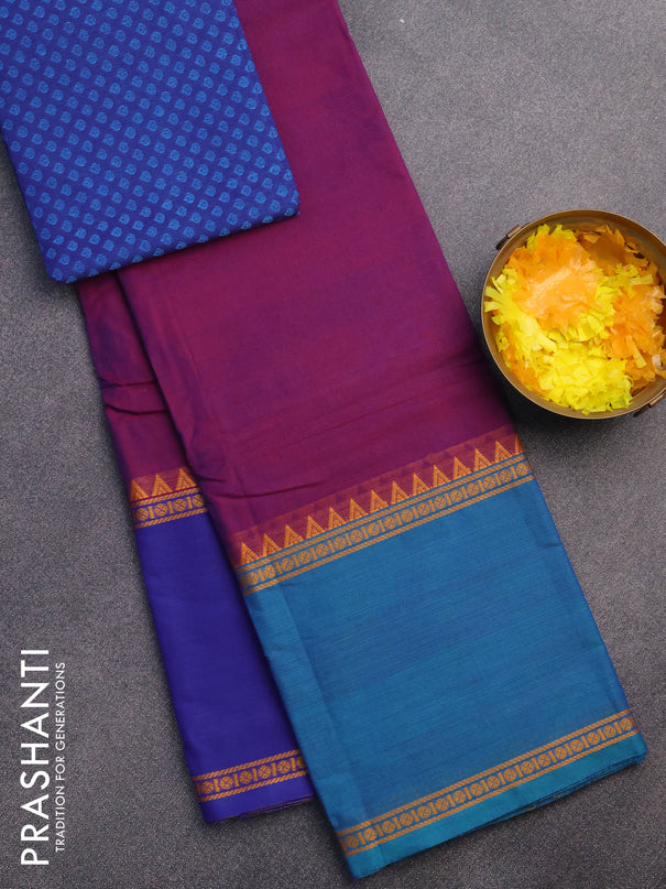 Chettinad cotton saree magenta pink with plain body and ganga jamuna border & woven blouse