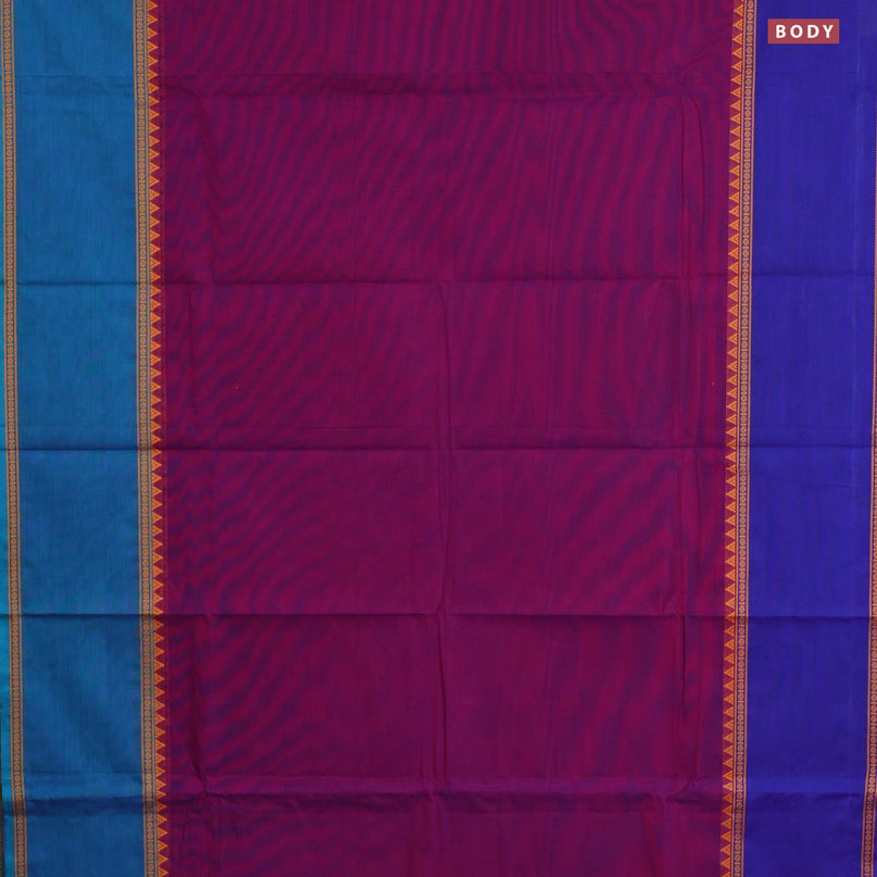 Chettinad cotton saree magenta pink with plain body and ganga jamuna border & woven blouse