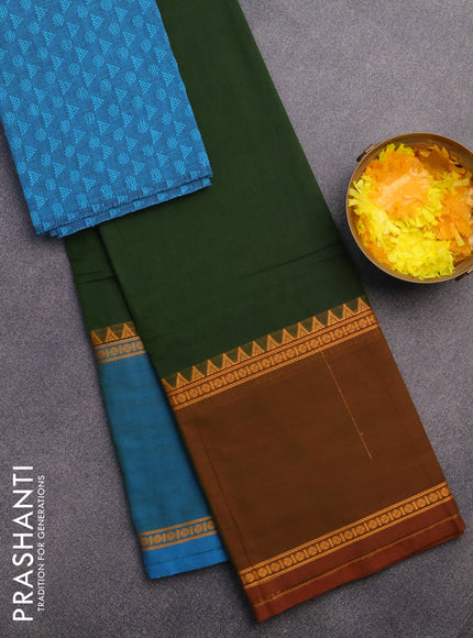 Chettinad cotton saree green with plain body and ganga jamuna border & woven blouse