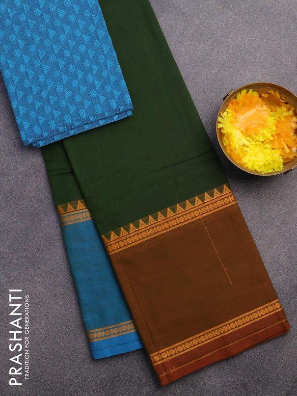 Chettinad cotton saree green with plain body and ganga jamuna border & woven blouse