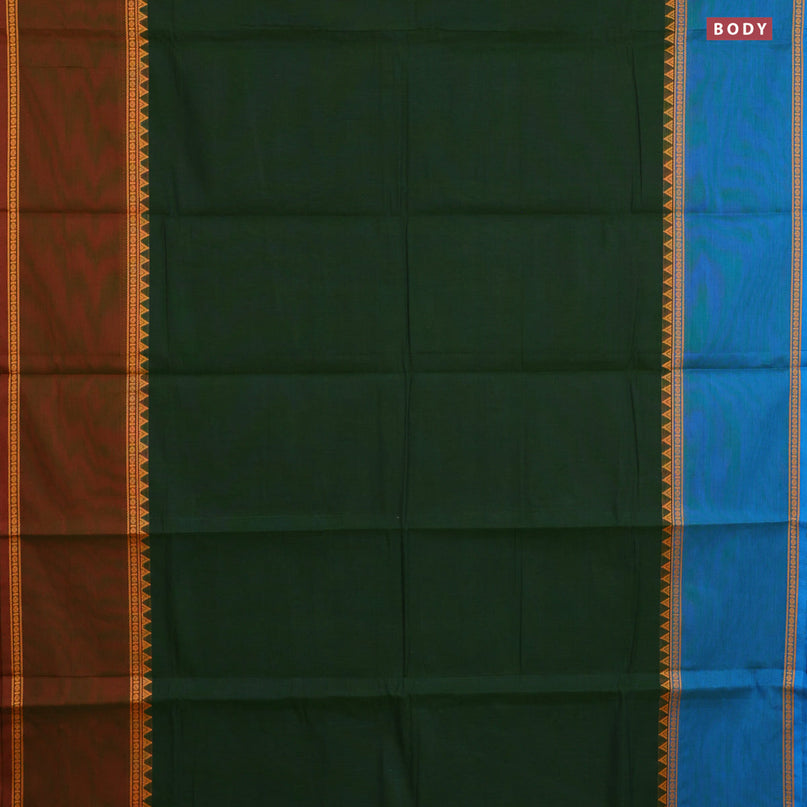 Chettinad cotton saree green with plain body and ganga jamuna border & woven blouse