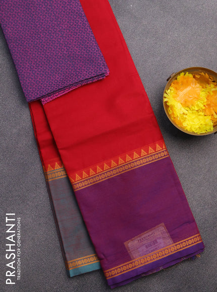 Chettinad cotton saree red with plain body and ganga jamuna border & woven blouse