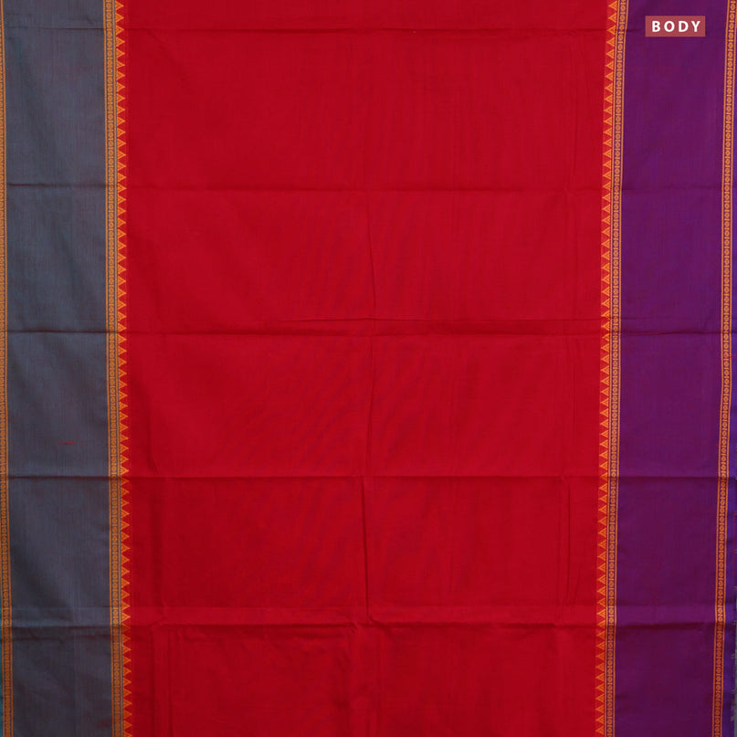 Chettinad cotton saree red with plain body and ganga jamuna border & woven blouse