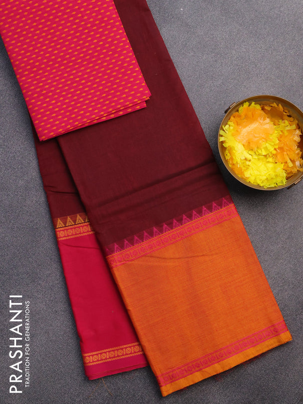 Chettinad cotton saree maroon with plain body and ganga jamuna border & woven blouse