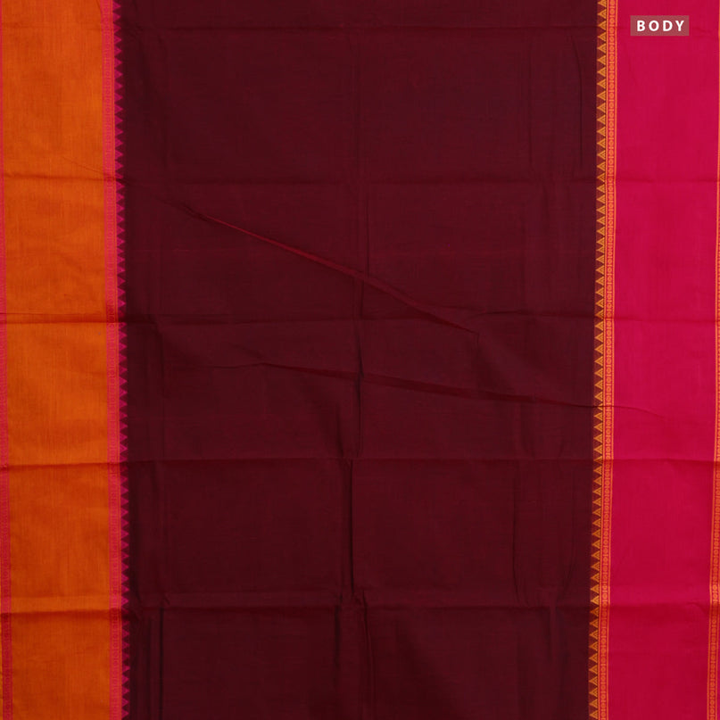 Chettinad cotton saree maroon with plain body and ganga jamuna border & woven blouse