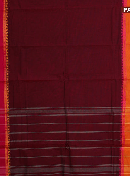 Chettinad cotton saree maroon with plain body and ganga jamuna border & woven blouse