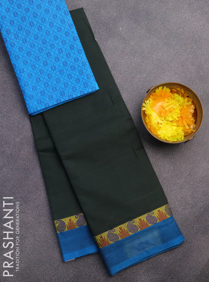 Chettinad cotton saree bottle green and cs blue with plain body and thread woven border & woven blouse