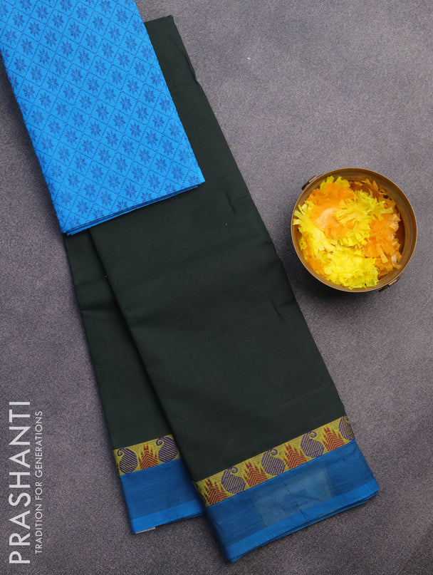 Chettinad cotton saree bottle green and cs blue with plain body and thread woven border & woven blouse