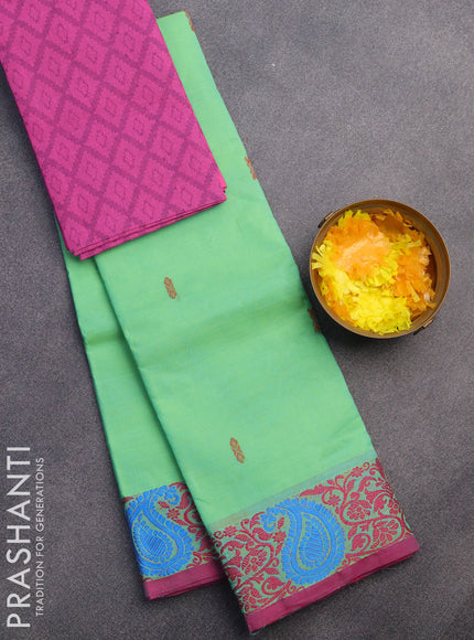 Chettinad cotton saree light green and pink with thread woven buttas and thread woven border & woven blouse