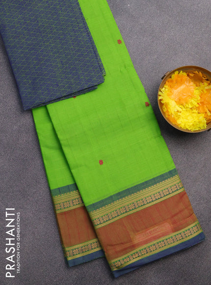 Chettinad cotton saree fluorescent green and blue with thread woven buttas and rettapet thread woven border & woven blouse