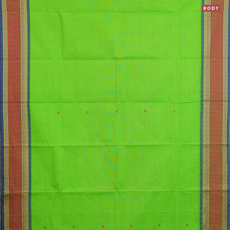 Chettinad cotton saree fluorescent green and blue with thread woven buttas and rettapet thread woven border & woven blouse