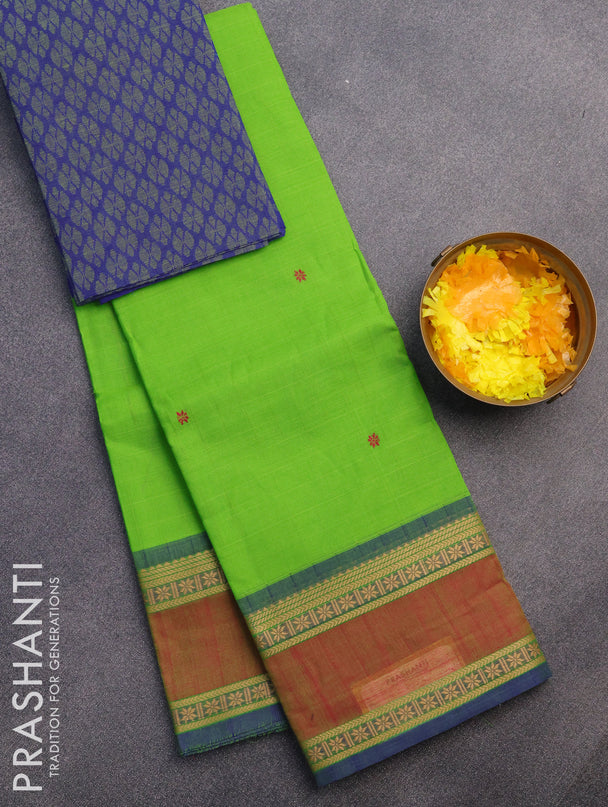 Chettinad cotton saree fluorescent green and blue with thread woven buttas and rettapet thread woven border & woven blouse